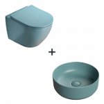 Set vas wc rimless cu capac soft close plus lavoar baie dreptunghiular verde turcoaz mat, Foglia
