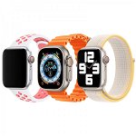 Set 3 curele Apple Watch 3 / 4 / 5 / 6 / 7 / 8 / SE series 38 / 40 / 41 mm, silicon, nylon, roz-alb, portocaliu, starlight, krasscom