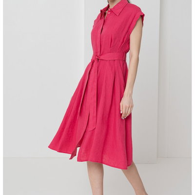 Rochie midi din in cu buzunare laterale - Fucsia, United Colors of Benetton