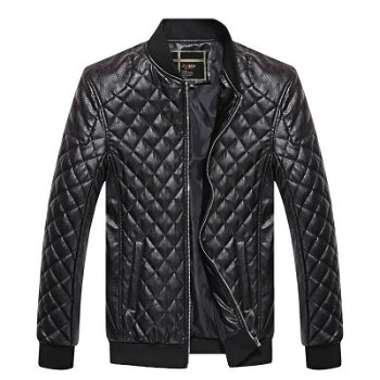 Jacheta cool din piele ecologica pentru barbati, cu model in carouri, la baza gatului, potrivita pentru motocicli?ti, Neer