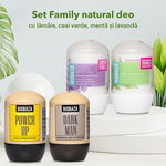 Pachet promo BIOBAZA Family: Deodorant Power Up, 50ml + Deodorant Green Tea Sensation, 50ml + Deodorant Dark Men, 50ml + Deodorant Purple Freshness, 50ml