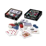Set Poker cu 100 chips poker in cutie metalica, buton dealer, jetoane 4 culori de 1, 5 10 si 25, 2 carti joc, OEM