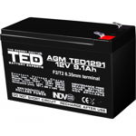 Acumulator stationar VRLA AGM 12V 9.1Ah F2 T2 TED Electric etans UPS Back-UP ted1291