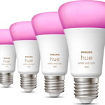 4 Becuri LED RGB inteligente Hue A60, Bluetooth, E27, 6.5W (60W), 806 lm, lumina alba si color (2200-6500K), Philips