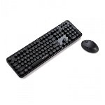 Kit tastatura + mouse Serioux Retro dark 9900BK, wireless 2.4GHz, US layout, multimedia, mouse optic 800-1600dpi, USB, nano receiver, negru, SERIOUX