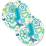 Caroline`s Treasures Scrisoarea J Flori și Fluturi Teal Albastru Set de 2 Cupa Titular Car Coasters Large, 