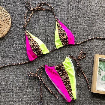 Costum de baie sexy cu imprimeu leopard, cu ?nur dupa gat, bikini de plaja, Neer