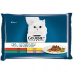 PURINA Gourmet Perle, 4 arome (Vițel, Pui, Iepure cu Legume, Miel cu Legume), pachet mixt, plic hrană umedă pisici, (în sos), 85g x 4, Gourmet