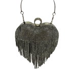 Geanta de ocazie, Glimmer, Negru, in forma de inima, cu strasuri si detalii metalice, Lant argintiu, FashionForYou