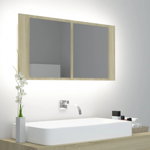 Dulap de baie cu oglindă și LED, stejar Sonoma, 90x12x45 acril, Casa Practica