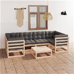 Set mobilier de gradina cu perne vidaXL, 7 piese, lemn masiv de pin, 70 x 70 x 67 cm, 55.06 kg
