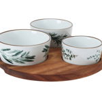 Set 3 boluri pentru gustari si tava rotunda 22 cm, Herbs, ceramica/salcam, multicolor, Excellent Houseware