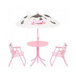 Set mobilier gradina copii, Cow, 2 scaune, masuta si umbrela, roz, Micul Meserias