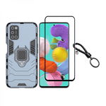 Set protectie 2 in 1 pentru Samsung Galaxy A52 4G SM-A525/ 5G cu SM-A526 husa hybrid antisoc cu stand inel si folie sticla ceramica fullsize si breloc cadou dark blue, krasscom