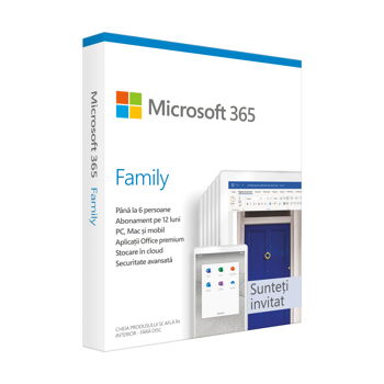 Microsoft 365 Family Engleza Subscriptie 1 an 6 utilizatori Medialess Retail 6GQ-01150 6GQ-01150