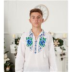 Bluza Traditionala din Bumbac Alb cu Trandafir Albastru Brodat pentru Baieti