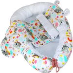 Set Baby Nest cu Pernita si Salteluta, fata dubla Panda - Alb/Multicolor, Pufinas