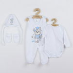 Set 4 piese: body cu maneca lunga, salopeta fara maneci, caciulita, manusi, Marime 56, Din bumbac 100%, New Baby, Teddy Bear