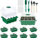 Set de 8 tavi pentru gradinarit cu unelte Sunshine, 33 piese, plastic/metal/lemn, verde/transparent