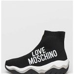 Love Moschino, Pantofi sport slip-on mid-high cu logo contrastant, Negru, Alb, 40