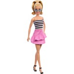Papusa Barbie cu top alb/negru, Mattel, Plastic, Multicolor