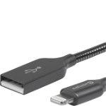 Cablu de date incarcare USB - Lightning eSTUFF Allure Series cu armatura de otel si kevlar, gri metalic, lungime 1.5m, pentru Apple iPhone XR, XS, XS Max, iPhone 11, 11 Pro, 11 Pro Max, iPad, iPod, AirPods, eStuff