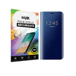 Set Husa Tip Carte Mirror Compatibila Cu Samsung Galaxy M21, Albastru Si Folie Sticla Upzz Glass Inclusa In Pachet, Upzz