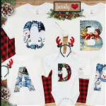 Set de tricouri personalizate Family mama, tata  si copii cu tematica de Craciun, Litere Initiala numelui