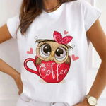 Tricou Dama Alb "Red coffee owl" Engros, 