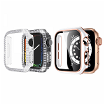 Set 2 huse pentru Apple Watch 7 Apple Watch 8 de 41mm tip rama din sticla securizata tip bumper model cu strasuri roz-alb transparent, krasscom