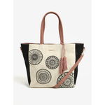 Geanta shopper/ crossbody crem cu negru cu ciucure roz prafuit Desigual Oporto Alma