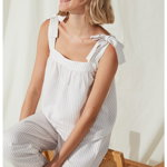 Penti, Bluza de pijama din amestec de in cu model in dungi Brea, Alb/Maro nisip, XL