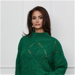 Pulover Valeria verde din tricot cu insertii din fir lurex auriu, 