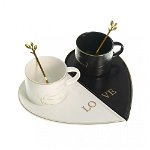 Set 2 cesti de ceai/cafea cu farfuriuta si lingurite alb negru si detalii aurii Love