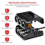 Adaptor priza auto multisocket 100W 3x soclu auto , 4 x USB 3.6A, afisaj display voltaj, cu siguranta, cablu 58cm, negru