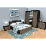 Dormitor modern Ruxandra, PAL melaminat, pat + dulap + noptiere + comoda, wenge-zebrano, Socub