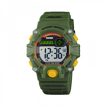 Ceas de copii sport SKMEI 1484 waterproof 5ATM cronograf alarma data si iluminare cadran verde, Skmei