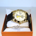 Set ceas elegant Waterproof Matteo Ferari, curea din piele ecologica si bratara asortata, Hearts, Negru/Auriu, FashionForYou