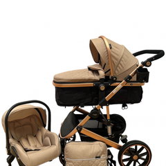 Carucior L-SUN T4, 3 in 1, cu suspensii, transformabil landou-sport, crem/negru