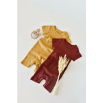 Set de 2 salopetele cu maneca scurta din bumbac organic si modal - Caramiziu/ Sofran BabyCosy (Marime: 9-12 luni), BabyCosy