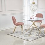 Set masa rotunda din sticla Rondo diametru 110 cm, inaltime 74 cm + 2 scaune din catifea K381 velvet roz/auriu inaltime 88 cm, Halmar
