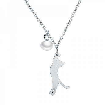 Colier cu pandantiv argint 925 si perla KRASSUS Kitty lungime ajustabila 38 - 45 cm model pisica, KRASSUS