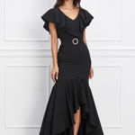 Rochie LaDonna lunga neagra cu volan si cordon in talie, 