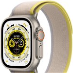 Smartwatch Apple Watch Ultra Cellular, ecran LTPO OLED, Bluetooth, Wi-Fi, GPS, Bratara textil S/M 49mm, Carcasa titanium, Rezistent la apa 10ATM (Bej/Galben)