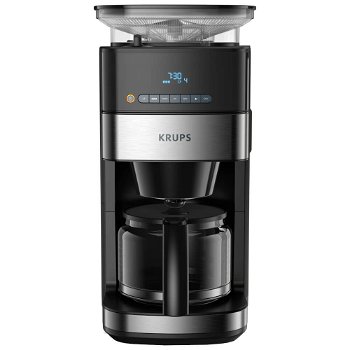 Cafetiera Krups Grind&Brew KM832810, 1000W, 3 niveluri de intensitate, recipient apa 1.25L, recipient cafea 180 g, interfata cu ecran LED, functie pastrare la cald, oprire automata, rasnita de cafea metalica, cronometru, negru/argintiu