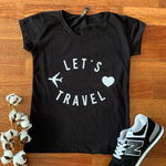 Tricou dama ieftin din bumbac negru cu imprimeu Let's travel