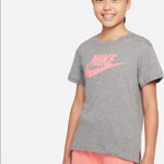 Nike, Tricou cu imprimeu logo si terminatie asimetrica Basic Futura, Gri melange, Roz, 128-137 CM, Nike