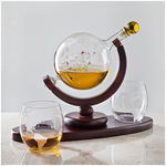 Set decantor cu doua/patru pahare din sticla, design Glob Pamantesc, cu suport de lemn, 850 ml, ramy