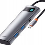 Adaptor HUB USB-C, Baseus, HDMI 4K, SD/TF, 2 x USB 3.0, USB-C PD,100W, Gri