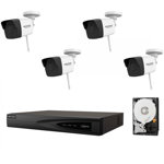 Kit de supraveghere complet 4 camere wireless 2MP, 30m IR, lentila 2.8mm, NVR 4 canale, rezolutie pana la 4K, HDD,surse incluse, Hikvision